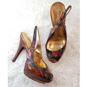 BCBG |Multi Color Snake Print Suede Slingback Heel